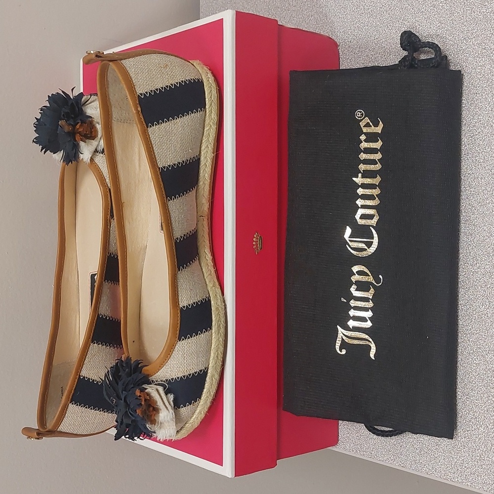 Juicy Couture Flats Gianna Dark Natural Regal Navy Hemp Twill Caramel Sz 7